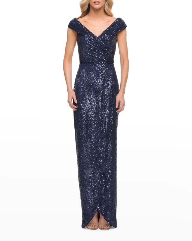 Cap-Sleeve Sequin Gown w/ Wrap Skirt